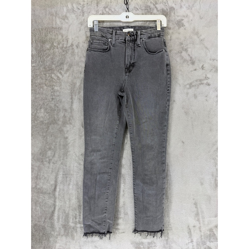Good American High Rise Skinny Jeans Faded Black Raw Hem 2/26 GCRH625TFT